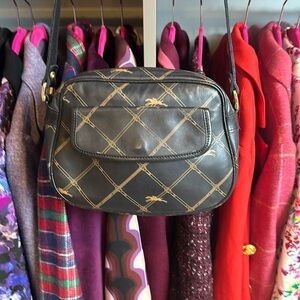 Vintage Authentic Longchamp black and tan logo/plaid leather crossbody bag